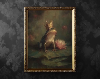 Frog Prince with Crown Wall Art Print or Canvas: Dark Academia Fairytale, Frame Options