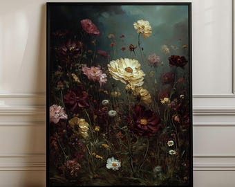 May include: A framed wall art print featuring a dark, moody botanical scene with deep burgundy, cream, and pale pink flowers set against a shadowy, atmospheric background. The composition includes various blooming blossoms and thin stems.