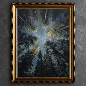 Sternenwald Wandbild, Himmlische Nacht, Pine Tree Print, Verträumtes Poster, Waldlandschaft Dekor
