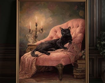 May include: A framed oil painting depicting a black cat resting on a tufted pink chaise lounge. Beside the cat sits a silver candelabra with three lit candles and a glass pitcher. A stack of books is placed on the floor near the furniture base.