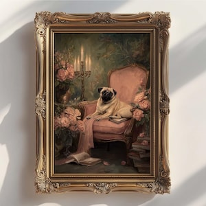 Pug on a Chaise Wall Art Print or Canvas: Whimsical Gothic Dog, Frame Options