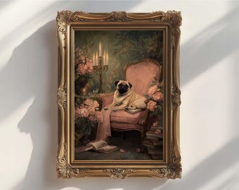 Obraz na ścianę lub płótno „Mops na leżance”: Fantazyjny gotycki pies, opcje oprawy