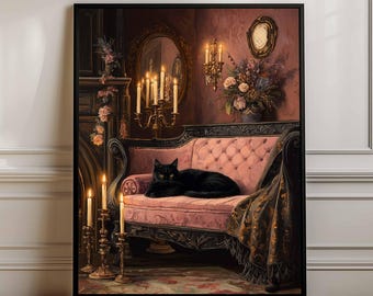 May include: A framed wall art print depicting a black cat resting on a tufted pink sofa. The scene features a dark room with a fireplace, a gold candelabra with lit candles, a wall mirror, and a floral arrangement in a vase on the wall.