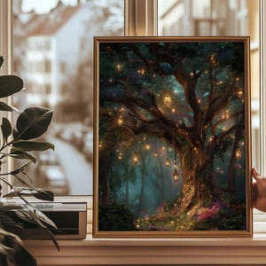 Lantern Tree in Enchanted Forest Wall Art Print or Canvas: Mystical ...