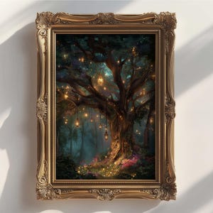 Lantern Tree in Enchanted Forest Wall Art Print: Mystical Fantasy ...