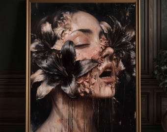 Puede incluir: Una impresión artística enmarcada que muestra el perfil de un rostro parcialmente cubierto por elementos florales oscuros y texturizados. La obra presenta tonos marrones profundos, negros y piel con un efecto de pintura goteante sobre fondo oscuro.