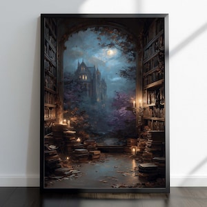Moonlit Gothic Library Poster: Dark Academia Print