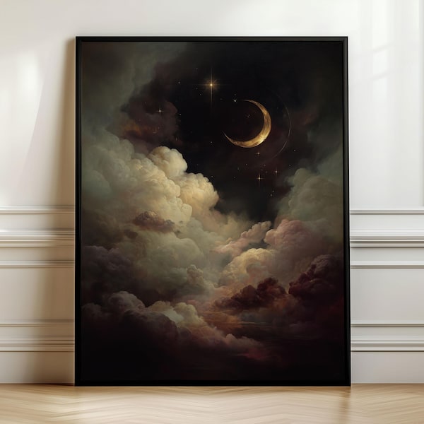 Crescent Moon in Clouds Wall Art Print or Canvas: Celestial Gothic Artwork