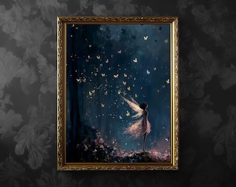 Fairy with Glowing Wings and Butterflies Wall Art Print or Canvas: Whimsical Forest, Frame Options