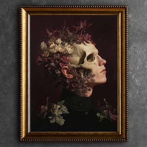 Ritratto maschile di teschio floreale, arte murale surrealista gotica, decorazione romantica e dark, stampa Memento Mori vittoriana, design massimalista malinconico