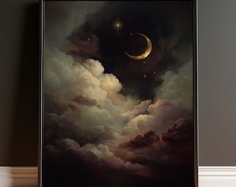 May include: A framed wall art print depicting a night sky with a golden crescent moon and bright stars shining above a dense, voluminous layer of dark, moody clouds in shades of deep purple, charcoal grey, and soft cream highlights.