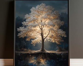 Puede incluir: Una impresión de arte mural enmarcada que representa un gran árbol blanco luminoso centrado sobre un fondo de bosque oscuro y sombrío. El árbol presenta follaje brillante y raíces visibles que se extienden hacia un espacio cósmico.
