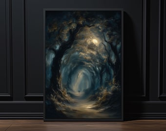 Könnte beinhalten: Gerahmter Kunstdruck, der eine mystische Waldszene darstellt. Das Kunstwerk zeigt einen Weg, der in eine leuchtende Lichtung führt, umrahmt von dunklen, silhouetten Bäumen. Die Farbpalette umfasst tiefe Blau-, Grün- und Goldtöne, die Tiefe und Geheimnis erzeugen.
