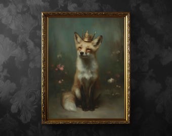 Royal Fox with Crown Wall Art Print or Canvas: Dark Academia Fantasy Style, Frame Options