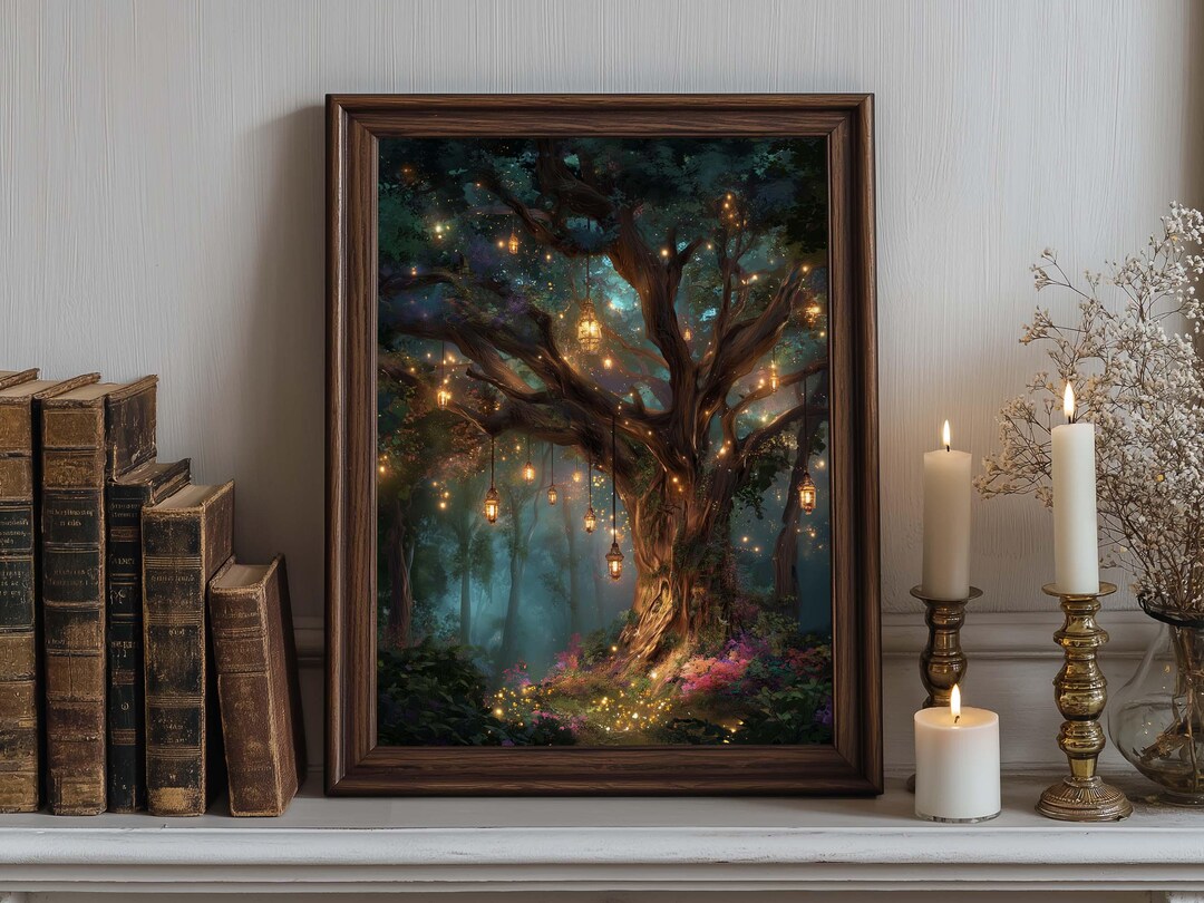 Lantern Tree in Enchanted Forest Wall Art Print: Mystical Fantasy ...