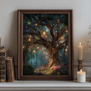 Lantern Tree in Enchanted Forest Wall Art Print: Mystical Fantasy, Frame Options