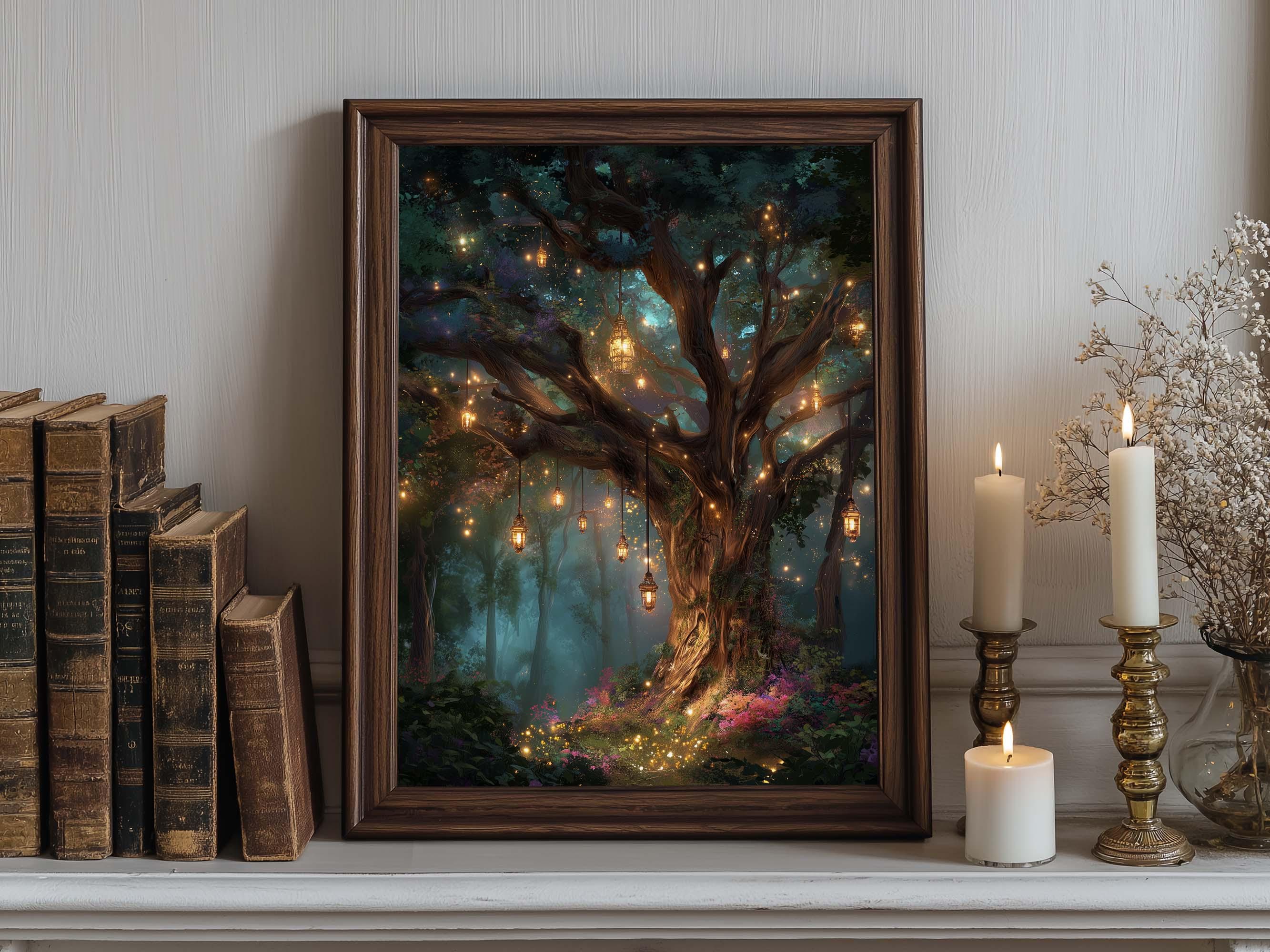 Lantern Tree in Enchanted Forest Wall Art Print: Mystical Fantasy ...