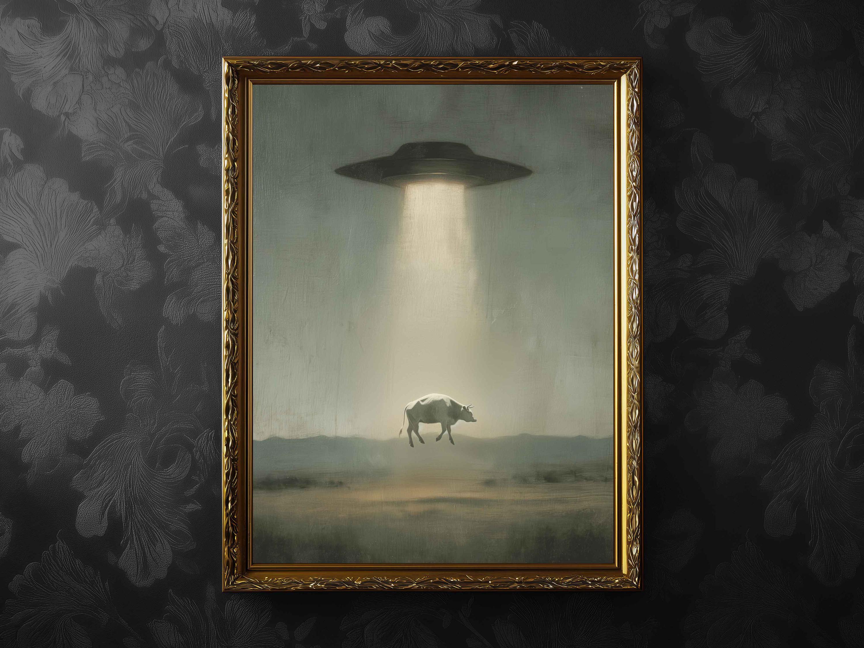 Cow Abduction by UFO Wall Art Print or Canvas: Whimsical Surreal, Frame Options