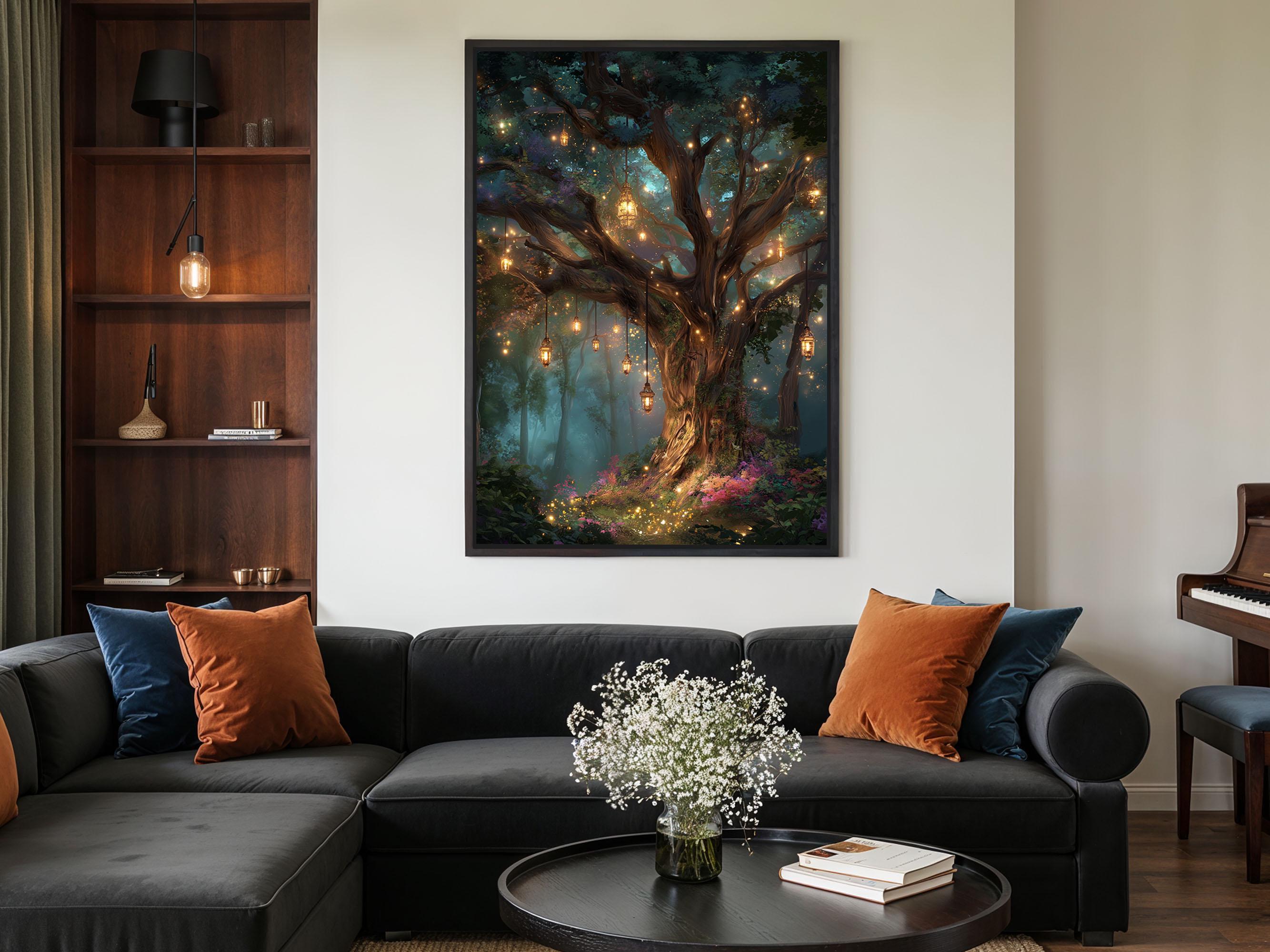 Lantern Tree in Enchanted Forest Wall Art Print or Canvas: Mystical ...