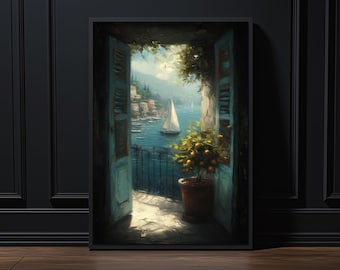 May include: Framed art print depicting a coastal scene. A sailboat glides on the blue sea, viewed through open turquoise shutters. A potted orange tree sits on a balcony. The artwork is framed in black and rests against a dark wall.