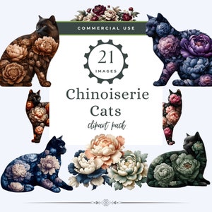 Chinoiserie Cat Clipart, Toile de Jouy PNG, Chinoiserie PNG, Feline Floral Images, Animal Floral Printable Design, Vintage Digital Download