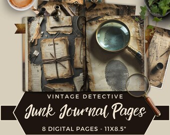 May include: A set of vintage detective junk journal pages featuring eight digital pages measuring 11 by 8.5 inches. The imagery includes aged paper, a magnifying glass, fingerprint illustrations, twine-bound case files, and forensic documents.