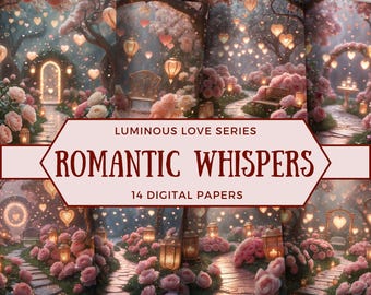 May include: A collection of digital papers with a romantic theme. The image features a dreamy garden scene with pink roses, heart-shaped lanterns, and the text "Luminous Love Series - Romantic Whispers - 14 Digital Papers."