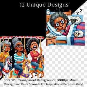 Split-screen clipart showcase: bottom left shows three diverse women riding carousel horses with various emotional expressions from crying to shouting, under decorative canopy. Top right depicts woman in bed with insomnia, wide-eyed next to alarm clock and counting cartoon sheep. Transparent PNG format at 300 DPI, 3000px minimum dimensions, displayed on black with checkered transparency indication.