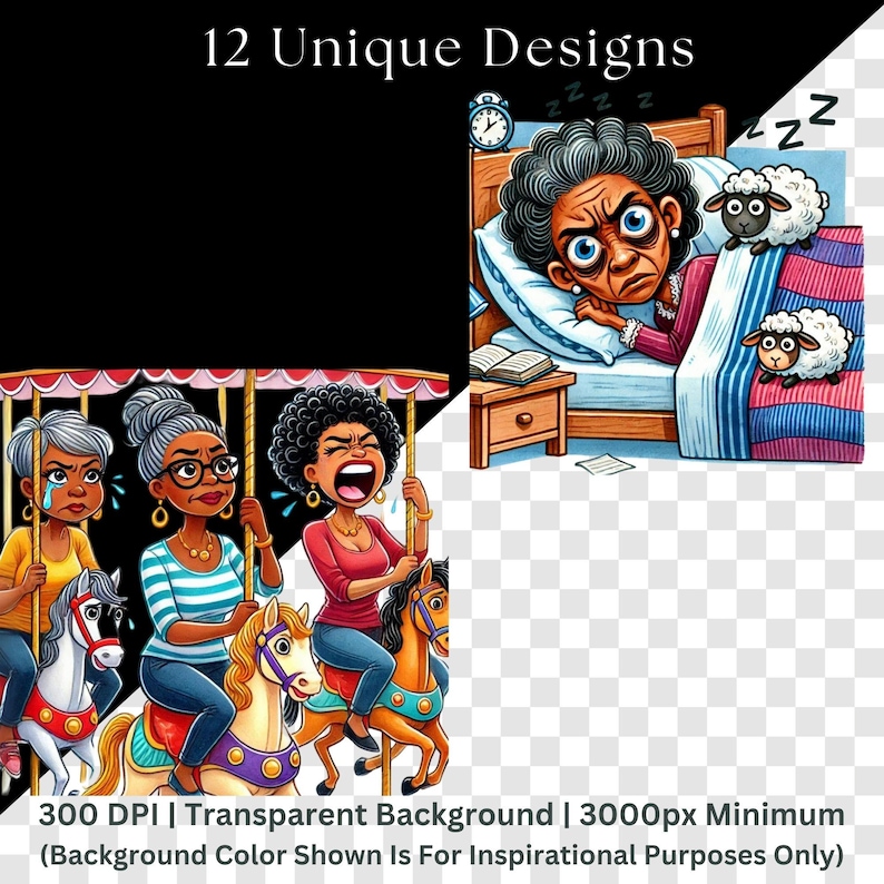 Split-screen clipart showcase: bottom left shows three diverse women riding carousel horses with various emotional expressions from crying to shouting, under decorative canopy. Top right depicts woman in bed with insomnia, wide-eyed next to alarm clock and counting cartoon sheep. Transparent PNG format at 300 DPI, 3000px minimum dimensions, displayed on black with checkered transparency indication.