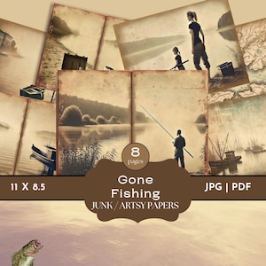 Fishing Junk Journal Pages, Fisherman Collage Kit, Fish Stories Junk Journal Kit, Vintage Fishing Ephemera, Fishing Scrapbook, Fathers Day