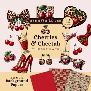 Retro Kirsche Gepard Clipart Bundle, Gepard Druck Kirsche Clipart, Leopard Bogen Obst Kunst, Kirsche Kokette PNG, Girly Y2K Stil, Gepard Schleife