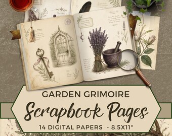 May include: An open book featuring botanical illustrations of lavender, a mortar and pestle, a garden gate, and a vintage key. The pages include handwritten text and decorative elements. The text reads GARDEN GRIMOIRE Scrapbook Pages 14 DIGITAL PAPERS - 8.5X11".