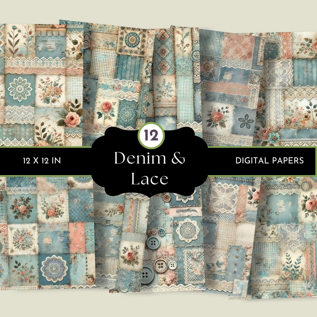 Shabby Chic Denim and Lace Digital Papers, Denim Junk Journal, Boho ...