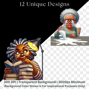 Clipart preview showing two characters on transparent backgrounds. Left: woman with gray-streaked hair in bun, glasses, striped shirt, reading books under desk lamp. Right: elderly woman with gray afro and glasses accidentally spilling milk at table, expressing distress. Specifications note 300 DPI resolution, transparent backgrounds, and 3000px minimum size with black demonstration background for visibility purposes only.
