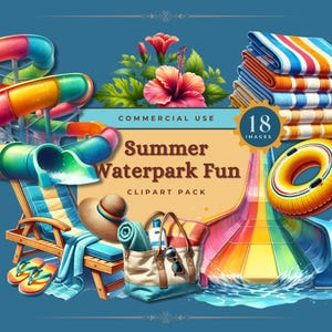 Waterpark Clipart Bundle, Water Slide & Splash Party, Summer Vacation Digital Download, Splish Splash Birthday Illustrations, Water Park PNG