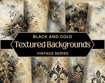 Vintage Black and Gold Digital Papers, Elegant Grunge Backgrounds for Junk Journals & Scrapbooking