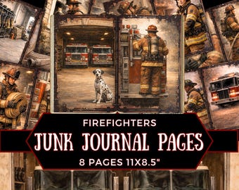 May include: A collage of vintage-style junk journal pages with firefighter themes. The pages feature illustrations of firefighters, fire trucks, and a Dalmatian dog. The text on the pages reads "Firefighters Junk Journal Pages 8 Pages 11x8.5".