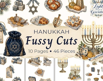 May include: A collection of Hanukkah-themed paper cutouts featuring illustrations of a menorah, dreidels, latkes, challah bread, gift boxes, and a blue velvet drawstring bag with a Star of David. The text reads HANUKKAH Fussy Cuts 10 Pages 46 Pieces.