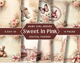 Junk Journal Kit "Baby Girl", Baby Journal Papers, Baby Shower,Pastel Decorative Papers for Girls, Printable Baby Papers,Baby Scrapbook, BBG