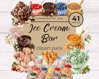 May include: A digital clipart collection titled Ice Cream Bar featuring various bowls of ice cream, toppings, sauces, and waffle cones. The graphic includes text stating Commercial Use, 41 Images, Ice Cream Bar, and clipart pack on a light background.