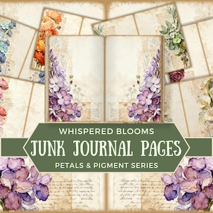 Cover image for Whispered Blooms Junk Journal Pages from the Petals & Pigment Series. An open vintage-style journal is centered, framed by layered purple florals, handwritten script textures, and pearl accents. Additional floral pages appear fanned behind the book. A green banner reads “Whispered Blooms Junk Journal Pages,” highlighting a soft, romantic botanical aesthetic.