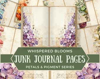 May include: A collection of junk journal pages with a vintage aesthetic. The pages feature watercolor floral designs in shades of purple, orange, and blue, with aged paper textures and handwritten script details. Text on the image reads "Whispered Blooms" and "Junk Journal Pages".