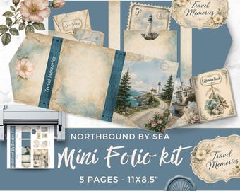 Junk Journal Folio Kit, Travel Memory Mini Folio, Coastal Scrapbook Printable, Happy Mail Ephemera