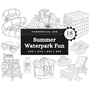WaterPark SVG Bundle,Black & White Summer Clipart Images,Summer Splish Splash PNG,Pool Party Line Art Sublimation,Commercial,Birthday Invite