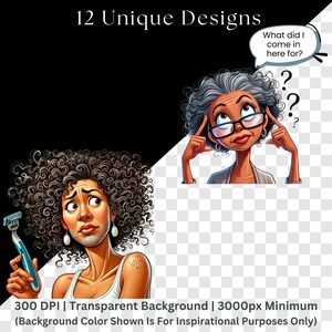 Two menopause-themed clipart illustrations: left shows young woman with voluminous curly hair holding razor, looking confused about purpose. Right displays older woman with gray curly hair, glasses, touching temples with both hands in forgetful gesture, speech bubble reads "What did I come in here for?" with surrounding