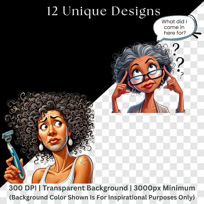 Two menopause-themed clipart illustrations: left shows young woman with voluminous curly hair holding razor, looking confused about purpose. Right displays older woman with gray curly hair, glasses, touching temples with both hands in forgetful gesture, speech bubble reads "What did I come in here for?" with surrounding