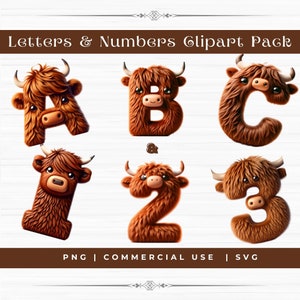 Clipart de vaca de Highland, design de Highland, clipart de números, clipart ABC, 123 clipart, clipart de blocos de letras, comercial, PNG, SVG, A-Z