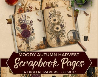 May include: A collection of digital scrapbook pages featuring vintage-style illustrations of autumn flowers, pumpkins, candles, and moths on aged parchment paper. The text reads Moody Autumn Harvest Scrapbook Pages 14 Digital Papers - 8.5x11 inches.
