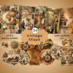 Map Junk Journal Kit, Map Papers, Vintage Maps, Old Maps, Distressed Pages, Travel Journal Kit, Collage Sheet, Paper Craft, Scrapbook Papers
