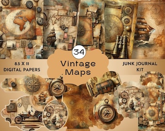 Puede incluir: Un paquete de papeles digitales con 34 imágenes de temática de mapas vintage para el diario de chatarra. El paquete incluye imágenes de brújulas, mapas, barcos y otros elementos náuticos. Las imágenes están en tonos de marrón, beige y crema.